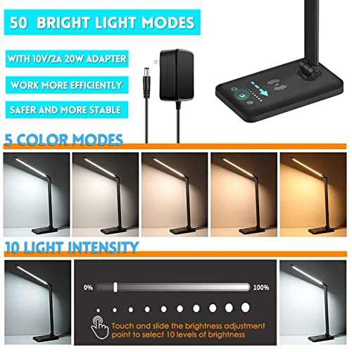 JOSTIC LED Desk Lamp with Wireless Charger, USB Charging Port, Desk Lighting with 10 Brightness, 5 Color Modes, Dimmable Eye Caring Reading Desk Light for Home Office, Touch Control, Auto Timer, Black