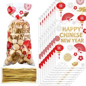 100 Pieces Chinese New Year Cellophane Treat Bags, Red Gold Chinese Party Plastic Candy Bags Goodies Present Bags with 100 Gold Twist Ties for Year of The Ox Lunar Year Spring Festival Party Supplies