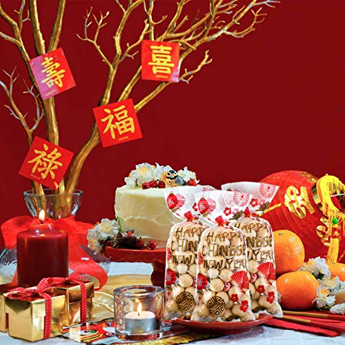 100 Pieces Chinese New Year Cellophane Treat Bags, Red Gold Chinese Party Plastic Candy Bags Goodies Present Bags with 100 Gold Twist Ties for Year of The Ox Lunar Year Spring Festival Party Supplies