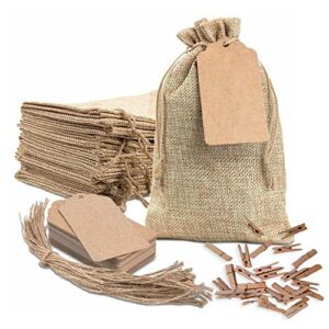 25 burlap drawstring bags, burlap bags, burlap sack, 25 mini wooden clothespins and 25 tags, small hessian bags, hessian sac large, hessian gift bags, 4 x 6inch bags, for gifts and favors
