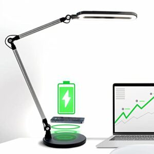otus [2in1] led desk lamp for home office with wireless charger, architect led desk light for study, reading, working, adjustable tall swing arm table light, dimmable brightness, 3 color modes