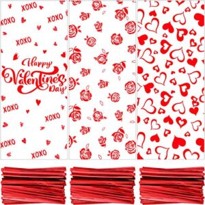 150 pieces valentine cellophane bags treat bags goodies bags candy bags with 150 pieces twist ties for valentine’s day party favor supplies (rose, heart and happy valentine’s day design)