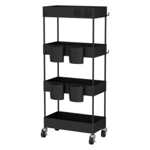 caxxa 4-tier rolling storage organizer with 4 small baskets – mobile utility cart with caster wheels, black