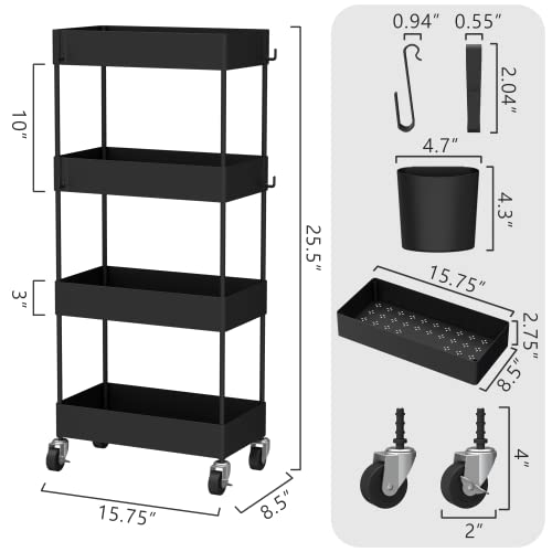 CAXXA 4-Tier Rolling Storage Organizer with 4 Small Baskets - Mobile Utility Cart with Caster Wheels, Black