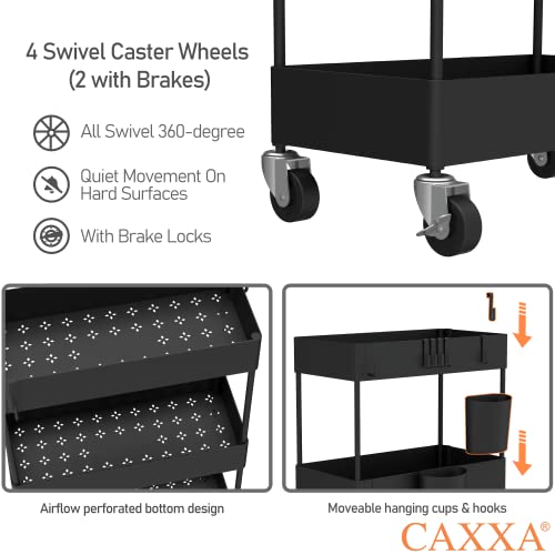 CAXXA 4-Tier Rolling Storage Organizer with 4 Small Baskets - Mobile Utility Cart with Caster Wheels, Black