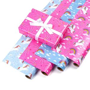 lezakaa unicorn wrapping paper roll – 40 x 120 inches per roll – unicorn with clouds and moon/rainbow/star print for baby shower, kids birthday – 4 rolls