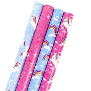 LeZakaa Unicorn Wrapping Paper Roll - 40 x 120 inches per Roll - Unicorn with Clouds and Moon/Rainbow/Star Print for Baby Shower, Kids Birthday - 4 Rolls