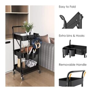 DTK 3 Tier Foldable Metal Rolling Cart, Metal Trays Utility Cart with Handle and Wheels, 3 Hanging Cups and 6 Hooks Storage Organizer Cart, Collapsible Kitchen Cart for Bathroom Office Kitchen(Black)