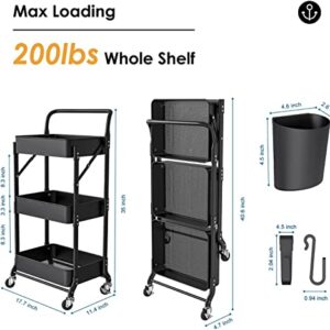 DTK 3 Tier Foldable Metal Rolling Cart, Metal Trays Utility Cart with Handle and Wheels, 3 Hanging Cups and 6 Hooks Storage Organizer Cart, Collapsible Kitchen Cart for Bathroom Office Kitchen(Black)