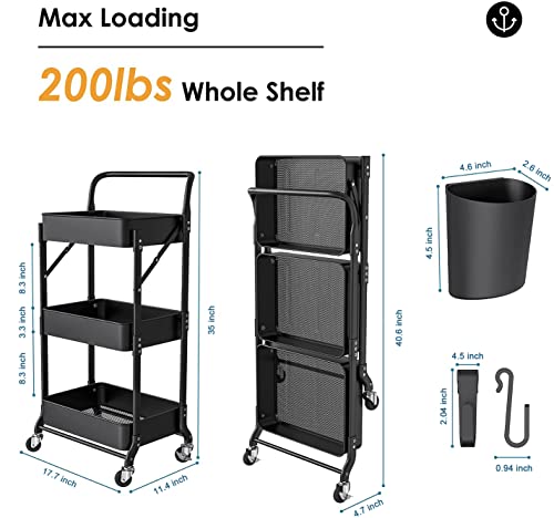 DTK 3 Tier Foldable Metal Rolling Cart, Metal Trays Utility Cart with Handle and Wheels, 3 Hanging Cups and 6 Hooks Storage Organizer Cart, Collapsible Kitchen Cart for Bathroom Office Kitchen(Black)