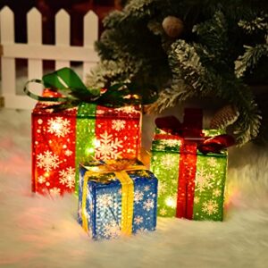 covfever christmas lighted gift boxes with snowflake ornament, pre-lit lights 8 modes light up present boxes set battery operated with different sizes for holiday indoor outdoor decorations
