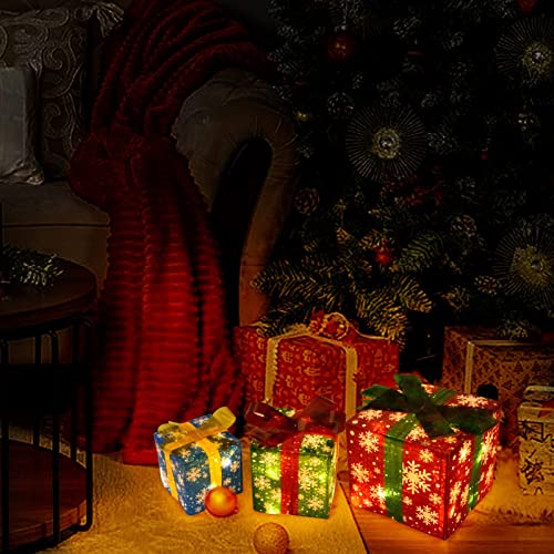 COVFEVER Christmas Lighted Gift Boxes with Snowflake Ornament, Pre-lit Lights 8 Modes Light up Present Boxes Set Battery Operated with Different Sizes for Holiday Indoor Outdoor Decorations