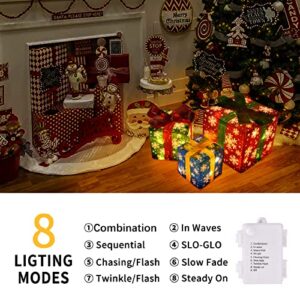 COVFEVER Christmas Lighted Gift Boxes with Snowflake Ornament, Pre-lit Lights 8 Modes Light up Present Boxes Set Battery Operated with Different Sizes for Holiday Indoor Outdoor Decorations