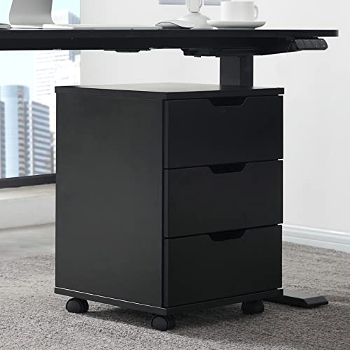 Soohow 3 Drawer File Cabinet Small Cabinet with Drawers, Wood Filing Cabinet Storage Cabinet with Drawers Wheels File Cabinets for Home Office Rolling File Cabinet for Under Desk Makeup Dresser Black