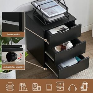 Soohow 3 Drawer File Cabinet Small Cabinet with Drawers, Wood Filing Cabinet Storage Cabinet with Drawers Wheels File Cabinets for Home Office Rolling File Cabinet for Under Desk Makeup Dresser Black