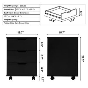Soohow 3 Drawer File Cabinet Small Cabinet with Drawers, Wood Filing Cabinet Storage Cabinet with Drawers Wheels File Cabinets for Home Office Rolling File Cabinet for Under Desk Makeup Dresser Black
