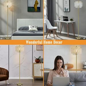 Luvkczc Crystal Floor Lamp Gold, Double-Layer Lampshade, Elegant Standing Lamp, Bedroom Standing Lights, Tall Standing Lamps for Living Room, Bedroom, Office, 8W LED Bulb Included