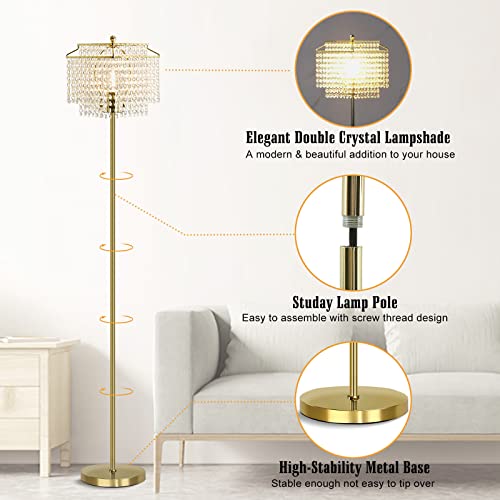 Luvkczc Crystal Floor Lamp Gold, Double-Layer Lampshade, Elegant Standing Lamp, Bedroom Standing Lights, Tall Standing Lamps for Living Room, Bedroom, Office, 8W LED Bulb Included