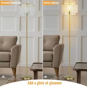 Luvkczc Crystal Floor Lamp Gold, Double-Layer Lampshade, Elegant Standing Lamp, Bedroom Standing Lights, Tall Standing Lamps for Living Room, Bedroom, Office, 8W LED Bulb Included