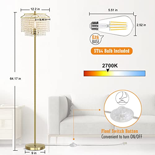 Luvkczc Crystal Floor Lamp Gold, Double-Layer Lampshade, Elegant Standing Lamp, Bedroom Standing Lights, Tall Standing Lamps for Living Room, Bedroom, Office, 8W LED Bulb Included