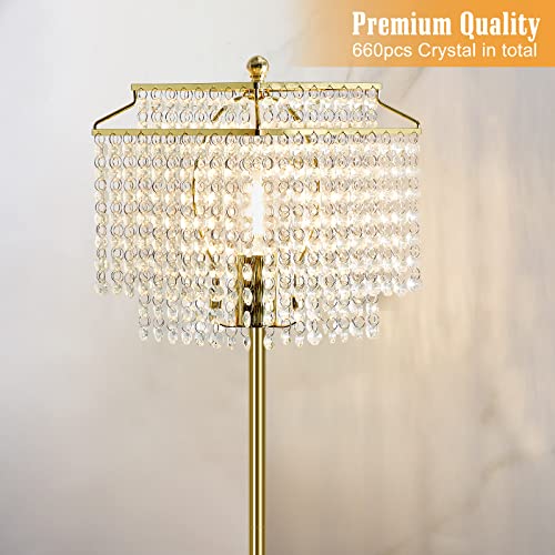 Luvkczc Crystal Floor Lamp Gold, Double-Layer Lampshade, Elegant Standing Lamp, Bedroom Standing Lights, Tall Standing Lamps for Living Room, Bedroom, Office, 8W LED Bulb Included