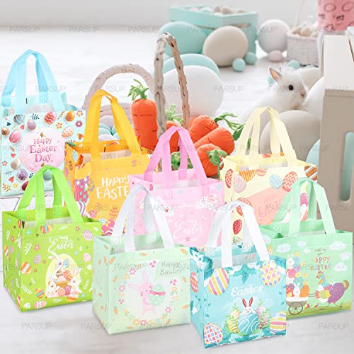 8PCS Happy Easter Egg Hunt Bags Easter Bunny Carrot Chick Egg Gift Bags with Handles, Easter Treat Bags, Multifunctional Non-Woven Easter Bags for Gifts Wrapping, Egg Hunt, Easter Party Supplies , 8.3×7.9×5.9inch