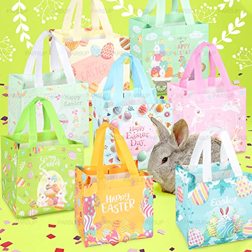 8PCS Happy Easter Egg Hunt Bags Easter Bunny Carrot Chick Egg Gift Bags with Handles, Easter Treat Bags, Multifunctional Non-Woven Easter Bags for Gifts Wrapping, Egg Hunt, Easter Party Supplies , 8.3×7.9×5.9inch