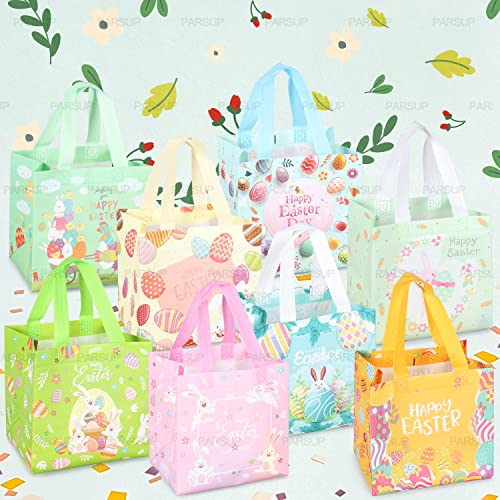 8PCS Happy Easter Egg Hunt Bags Easter Bunny Carrot Chick Egg Gift Bags with Handles, Easter Treat Bags, Multifunctional Non-Woven Easter Bags for Gifts Wrapping, Egg Hunt, Easter Party Supplies , 8.3×7.9×5.9inch