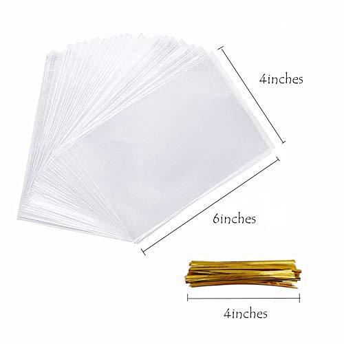 350 PCS 4x6 Inch Clear Treat Bags,Cellophane Treat Bags With 400PCS Twist Ties,Plastic Bags for Bakery, Cookies, Candies,Dessert