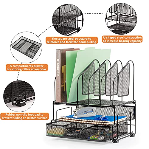 Beiz Desk Organizer and Accessories Storage with 5 Vertical File Folder Holders, 2 Paper Tray, Drawer for Office, Home, Dorm, Workspace to Collect Office Supplies (Black)