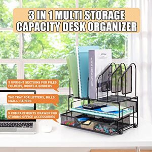 Beiz Desk Organizer and Accessories Storage with 5 Vertical File Folder Holders, 2 Paper Tray, Drawer for Office, Home, Dorm, Workspace to Collect Office Supplies (Black)