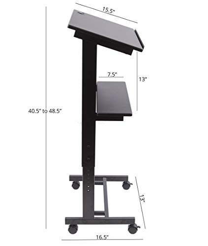 Stand Up Desk Store Mobile Adjustable Height Rolling Lectern Podium with Heavy Duty Steel Frame (Black Frame/Black Shelves, 25.5" Wide)