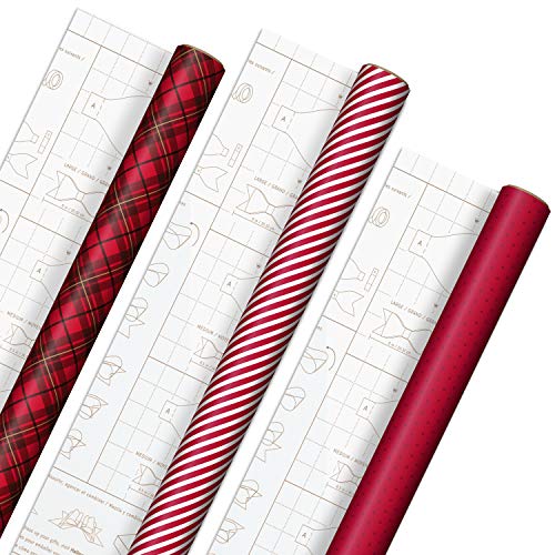 Hallmark Holiday Wrapping Paper with DIY Bow Templates on Reverse (3 Rolls: 120 sq. ft. ttl) Red Plaid, Stripes, Polka Dots for Christmas, Valentines Day, Birthdays, Graduations