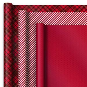 Hallmark Holiday Wrapping Paper with DIY Bow Templates on Reverse (3 Rolls: 120 sq. ft. ttl) Red Plaid, Stripes, Polka Dots for Christmas, Valentines Day, Birthdays, Graduations