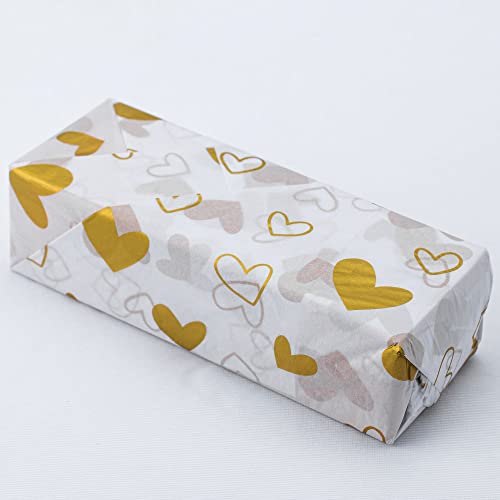 MR FIVE White with Metallic Gold Heart Tissue Paper Bulk,20" x 28",Gold Heart Design Tissue Paper for Gift Bags,Gift Wrapping Tissue Paper for Birthday,Valentine's Day,Mother's Day,Weddings,30 Sheets