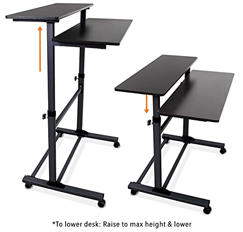 Stand Steady Tranzendesk | Height Adjustable Teacher Desk on Wheels | Mobile Standing Desk with Shelf | Two Level Portable Workstation | Stand Up Desk for Presentations (Black/40x28in)