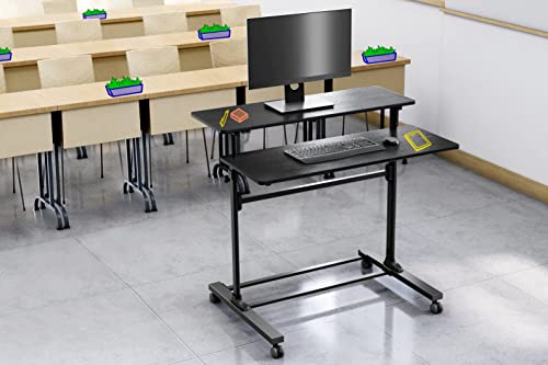 Stand Steady Tranzendesk | Height Adjustable Teacher Desk on Wheels | Mobile Standing Desk with Shelf | Two Level Portable Workstation | Stand Up Desk for Presentations (Black/40x28in)