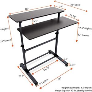 Stand Steady Tranzendesk | Height Adjustable Teacher Desk on Wheels | Mobile Standing Desk with Shelf | Two Level Portable Workstation | Stand Up Desk for Presentations (Black/40x28in)