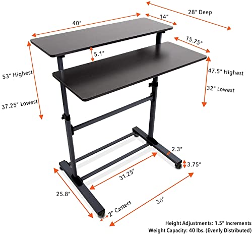 Stand Steady Tranzendesk | Height Adjustable Teacher Desk on Wheels | Mobile Standing Desk with Shelf | Two Level Portable Workstation | Stand Up Desk for Presentations (Black/40x28in)