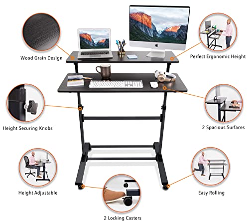 Stand Steady Tranzendesk | Height Adjustable Teacher Desk on Wheels | Mobile Standing Desk with Shelf | Two Level Portable Workstation | Stand Up Desk for Presentations (Black/40x28in)