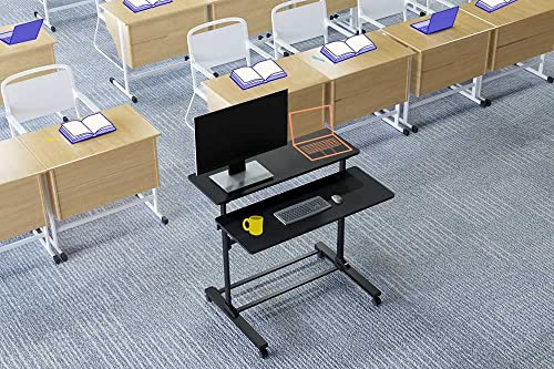 Stand Steady Tranzendesk | Height Adjustable Teacher Desk on Wheels | Mobile Standing Desk with Shelf | Two Level Portable Workstation | Stand Up Desk for Presentations (Black/40x28in)