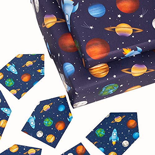 Wrapping Paper for Boys - Kids - Blue - Games (PLANETS IN SPACE)