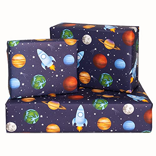 Wrapping Paper for Boys - Kids - Blue - Games (PLANETS IN SPACE)