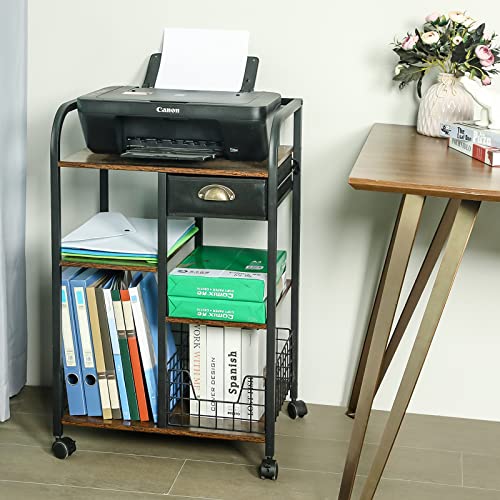 JKsmart Printer Stand with Storage Drawer, 4-Shelf Rolling Printer Cart with Wheels, Mobile Printer Table with Adjustable Shelf for Home Office (Brown & Black)