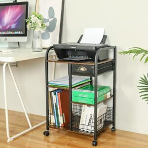 JKsmart Printer Stand with Storage Drawer, 4-Shelf Rolling Printer Cart with Wheels, Mobile Printer Table with Adjustable Shelf for Home Office (Brown & Black)