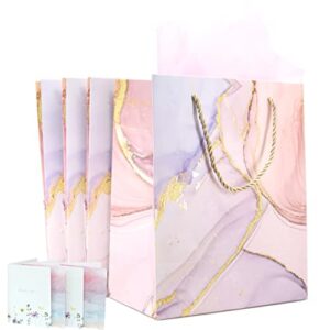 Luxurious Pink Marble & Glitter Gift Bags (4 Packs) - Medium Size 7.75" X 4.3" X 9.6" - Includes 4 Tissue Papers & 4 Cards - Perfect for Valentine's Day, Mother's Day, Bridal Shower, Parties, Weddings, Baby Shower, Anniversaries