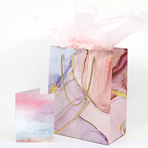 Luxurious Pink Marble & Glitter Gift Bags (4 Packs) - Medium Size 7.75" X 4.3" X 9.6" - Includes 4 Tissue Papers & 4 Cards - Perfect for Valentine's Day, Mother's Day, Bridal Shower, Parties, Weddings, Baby Shower, Anniversaries