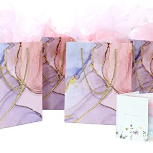 Luxurious Pink Marble & Glitter Gift Bags (4 Packs) - Medium Size 7.75" X 4.3" X 9.6" - Includes 4 Tissue Papers & 4 Cards - Perfect for Valentine's Day, Mother's Day, Bridal Shower, Parties, Weddings, Baby Shower, Anniversaries