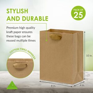 Brown Gift Bags with Handles - 8x4x10 Inch 25 Pack Designer Kraft Shopping Bags in Bulk, Small Gift Wrap Totes with Fabric Handles for Boutiques, Small Business, Retail Stores, Merchandise, Birthdays