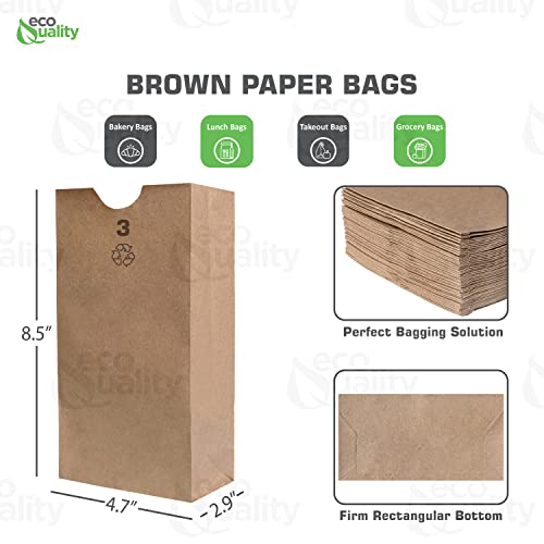 EcoQuality 100 Small Brown Kraft Paper Bag (3 lb) Small - Paper Lunch Bags, Small Snacks, Gift Bags, Grocery, Merchandise, Party Bags (4-3/4" x 2-15/16" x 8-9/16) (3 Pound Capacity)